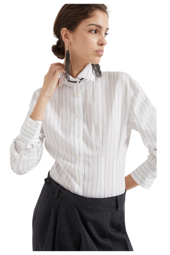 Brunello Cucinelli Women's Striped Cotton and Silk Poplin Shirt with Monili