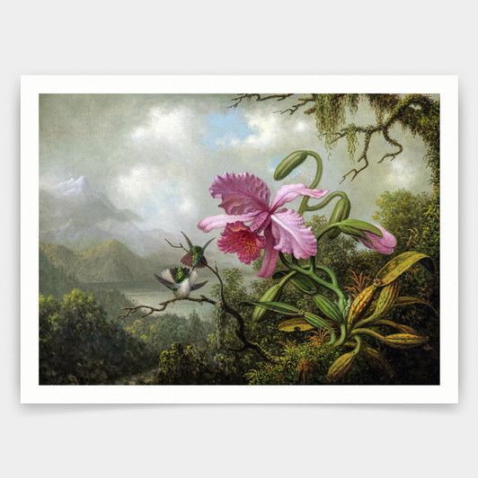 Martin Johnson Heade,Orchid and Hummingbirds near a Mountain Lake,art prints,Vintage art,canvas wall art,famous art prints,V4602