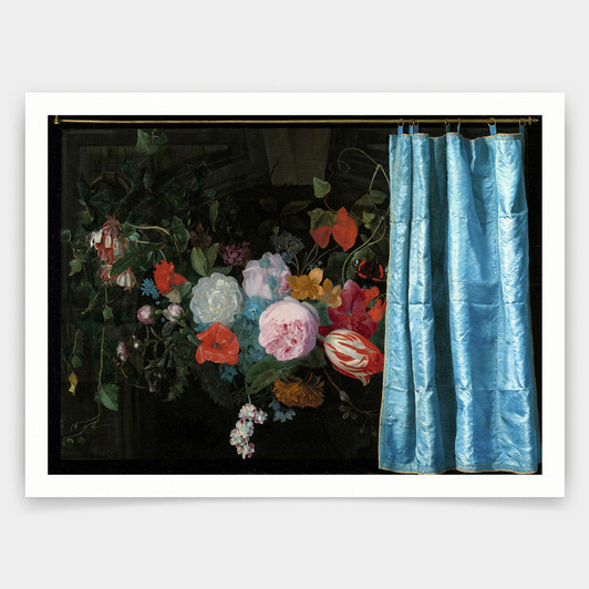 Adriaen van der Spelt,Trompel,Oeil Still Life with a Flower Garland and a Curtain,art prints,Vintage art,canvas wall,famous art prints,V2969