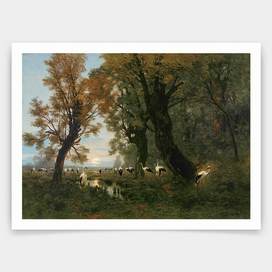 WIadysiaw Malecki,A Gathering of Storks,Waterfowl landscape under trees,art prints,Vintage art,canvas wall art,famous art prints,q1510