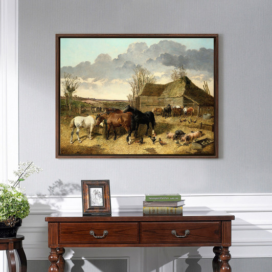 John Frederick Herring Jr,Horses eating from a manger,with pigs and chickens in a farmyard,large wall art,framed wall art,large canvas,M4404