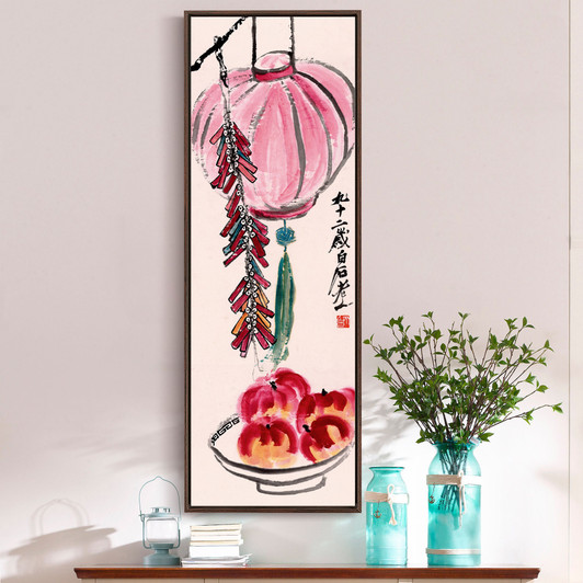 Qi Baishi,Red lanterns and peaches,Chinese painting,Vertical Narrow Art,large wall art,framed wall art,canvas wall art,M650