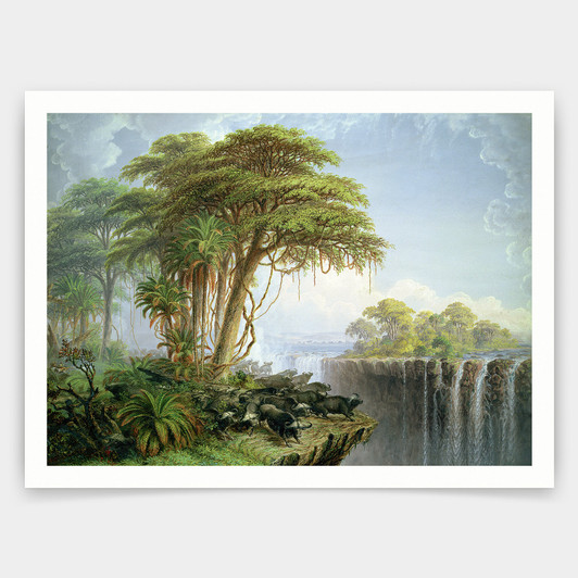 Thomas Baines,Buffalos Driven to the Edge of the Chasm opposite Garden Island Victoria Falls,art prints,Vintage art,canvas wall art,V5019