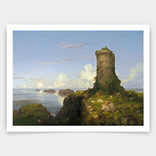 Thomas Cole,Italian Coast Scene with Ruined Tower,art prints,Vintage art,canvas wall art,famous art prints,V5022