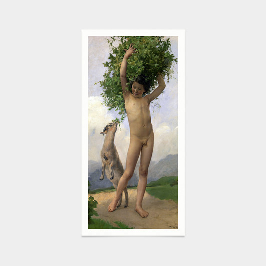 Jules Evarist Van Biesbroeck,Happy,boy and goat,art prints,Vintage art,canvas wall art,famous art prints,vertical narrow prints,V7737