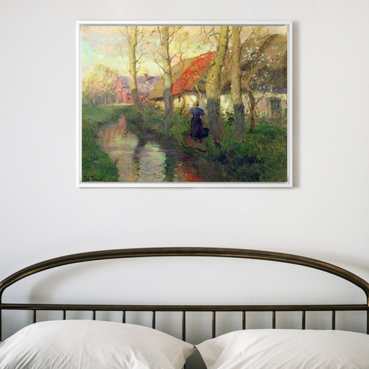 Fritz Thaulow,A French river landscape with a woman by cottages,large wall art,framed wall art,canvas wall art,large canvas,M3831