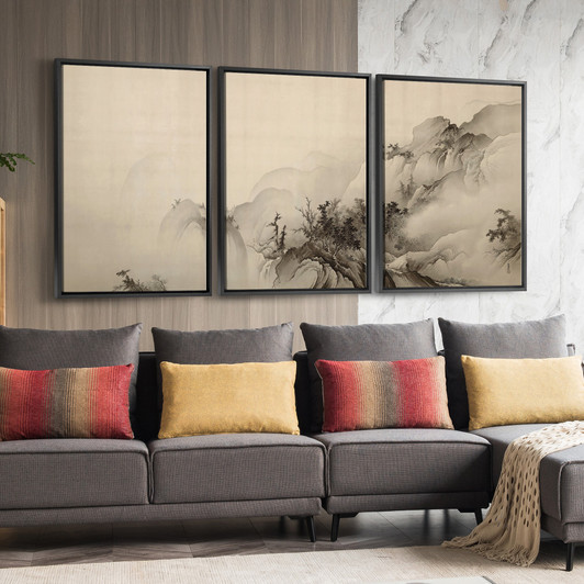 Hashimoto Gaho,Landscape,Black and white landscape painting,Triptych canvas,framed canvas,3 panel wall art,large wall art,framed wall ,s82