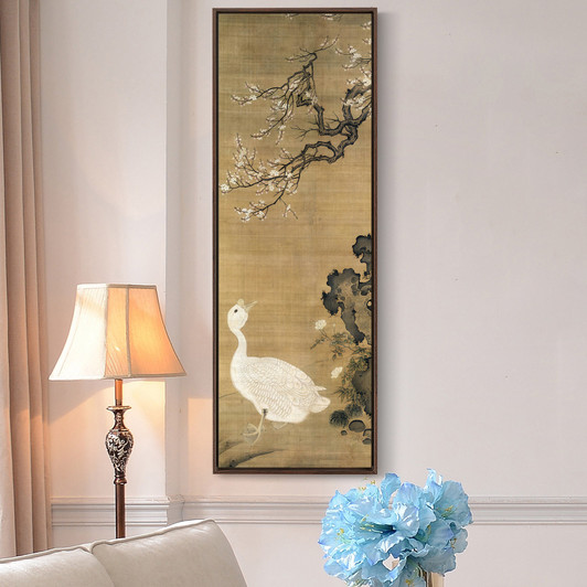 LV Ji,Goose under plum blossom tree,Chinese Flower Paintings,Vertical Narrow Art,large wall art,framed wall art,canvas wall art,M554