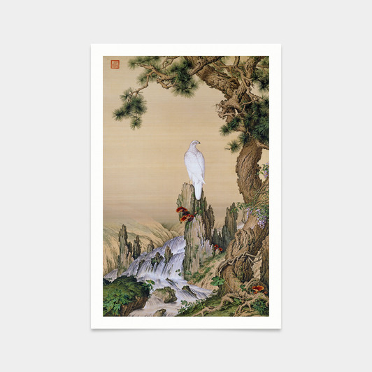 Lang shining,A white eagle under a pine tree,Chinese Flower and Bird,art prints,Vintage art,canvas wall art,famous art prints, V2730