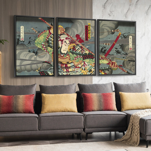 Hosoki Toshikazu,Yamamoto Kansuke Nyudo,Fighting samurai,Triptych canvas,framed canvas,3 panel wall art,large wall art,framed wall art,s263