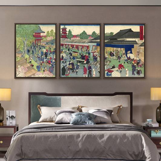 Utagawa Kunisada,Sight of Asakusa Kannon,Japanese street scene,Triptych canvas,framed canvas,3 panel wall art,large wall art,framed,s248