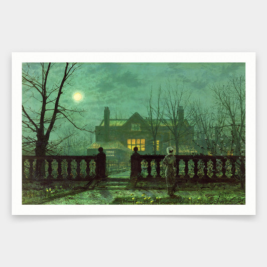 John Atkinson Grimshaw,A Lady In A Garden By Moonlight,art prints,Vintage art,canvas wall art,famous art prints,V1699