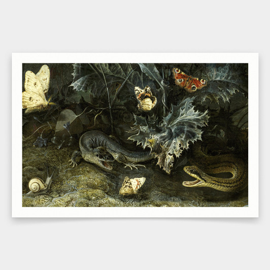 Otto Marseus van Schrieck,A Forest Floor with a Snake, a Lizard and Butterflies,art prints,Vintage art,canvas wall art,famous art ,V1903