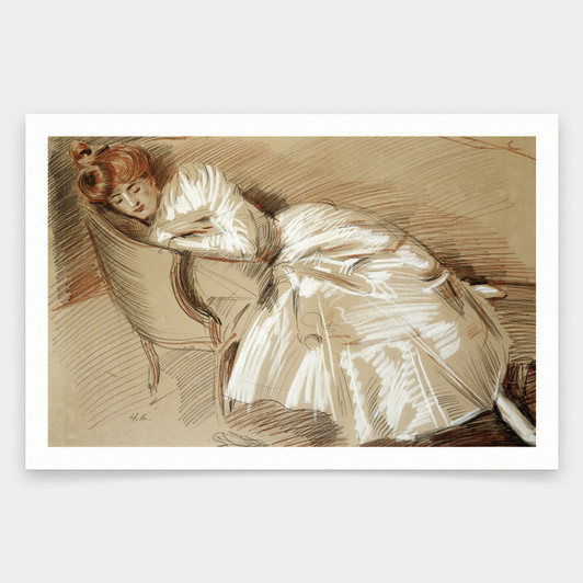 Paul Cesar Helleu,Madame Helleu Reclining On A Chaise Longue, Red, Black And White Chalk On Paper,art prints,Vintage art,canvas wall ,V1913