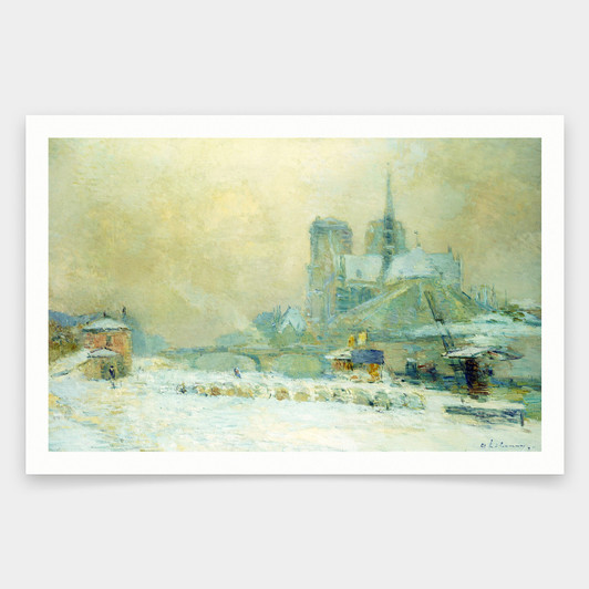 Albert-Charles Lebourg,View of Notre Dame,Paris,from the Quai de la Tournelle Snow Effect,art prints,Vintage art,art,famous art prints,V950