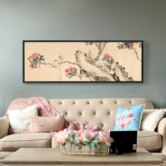 Zhang Xiong,Malus spectabilis and birds,Chinese Flower Print,Narrow Horizontal Wall Art,large wall art,framed wall art,canvas wall art,M301
