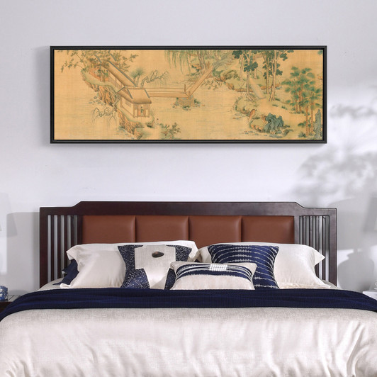 Qiu Ying,Pavilion on the river,Chinese Landscape,Above Bed Decor,Narrow Horizontal Wall Art,large wall art,framed wall art,canvas wall,M248