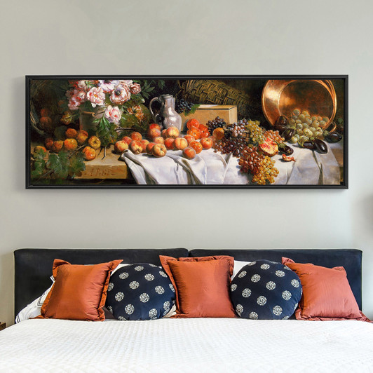 Alfred Petit, Still life with flowers and fruit on a table,Narrow Horizontal Wall Art ,large wall art,framed wall art,canvas wall art,M4