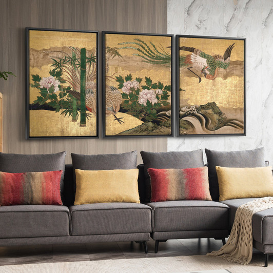 Kano School,Folding Screen with Design of Chinese Phoenixes,pheasant,Triptych canvas,framed canvas,3 panel wall art,large wall art,s19