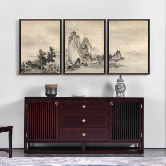 Unkoku Togan,Landscape,Houses by the river,Triptych canvas,framed canvas,3 panel wall art,large wall art,framed wall art,s136