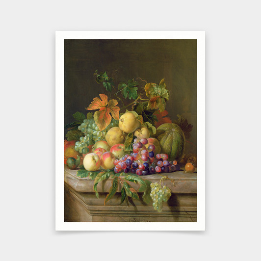 Jakob Bogdani,A Still Life of Melons Grapes and Peaches on a Ledge,art prints,Vintage art,canvas wall art,famous art prints,V6065