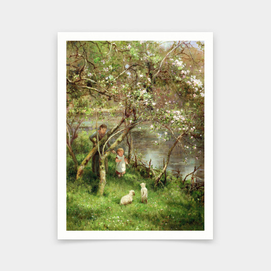 James George Bingley,Springtime,Mother, child and lamb,art prints,Vintage art,canvas wall art,famous art prints,V6071