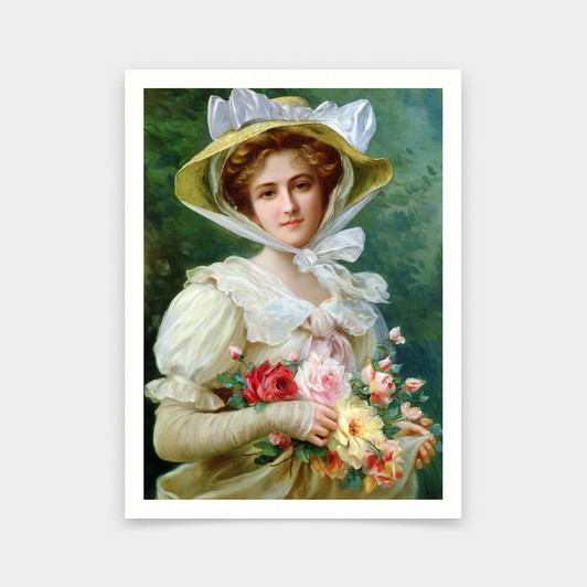 Emile Vernon,Elegant lady with a bouquet of roses,art prints,Vintage art,canvas wall art,famous art prints,V5628