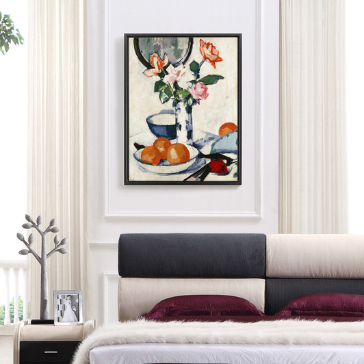 Samuel John Peploe,Pink and Tangerine Roses in a Blue and White Beaker Vase with Oranges in a Bowl and a Black Fan,large wall,framed,M6710