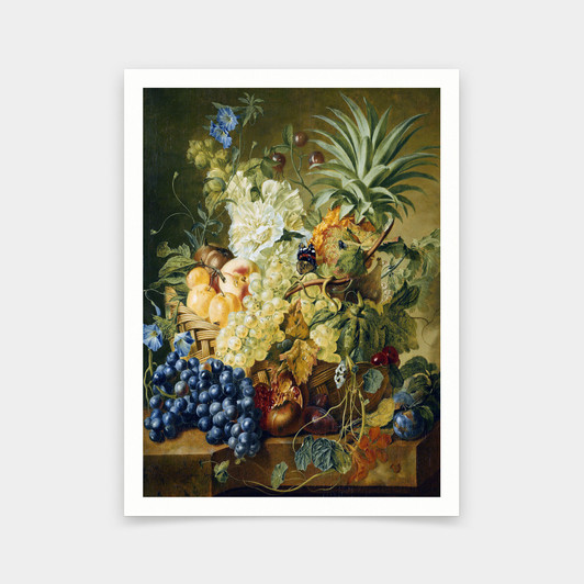 Jan van Huysum,Plums, a Peach, Grapes, a Melon, a Pineapple, a Fig, Currants, Cherries and Flowers,art prints,Vintage art,V6109