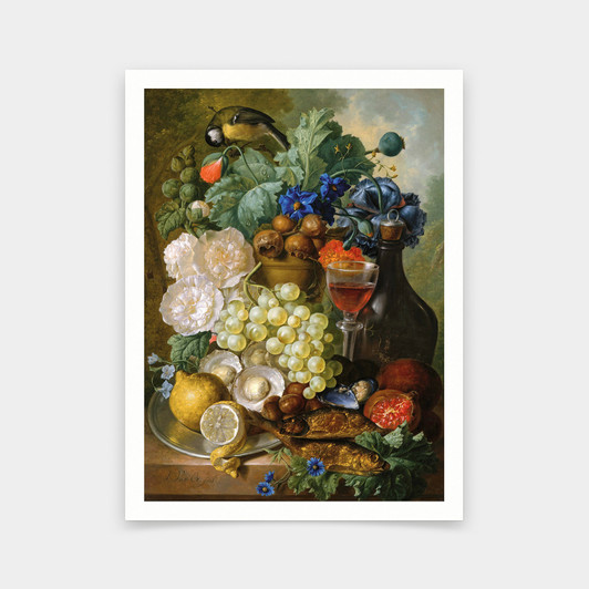 Jan van Os,A still life with fruits and flowers with oysters mussels a glass of wine and a decanter,art prints,Vintage art,canvas wall,V6112