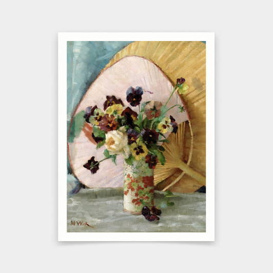 Maria Wiik,A Study of Pansies and a Japanese Fan,art prints,Vintage art,canvas wall art,famous art prints,V6360
