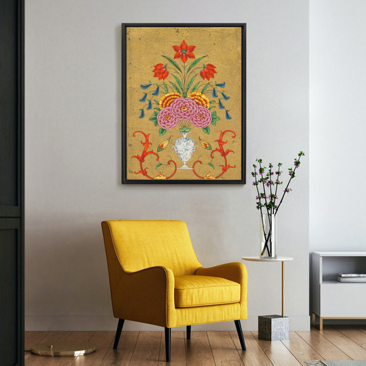 Indian Paintings,Vase with flower arrangement and scrollwork,large wall art,framed wall art,canvas wall art,large canvas,M6055