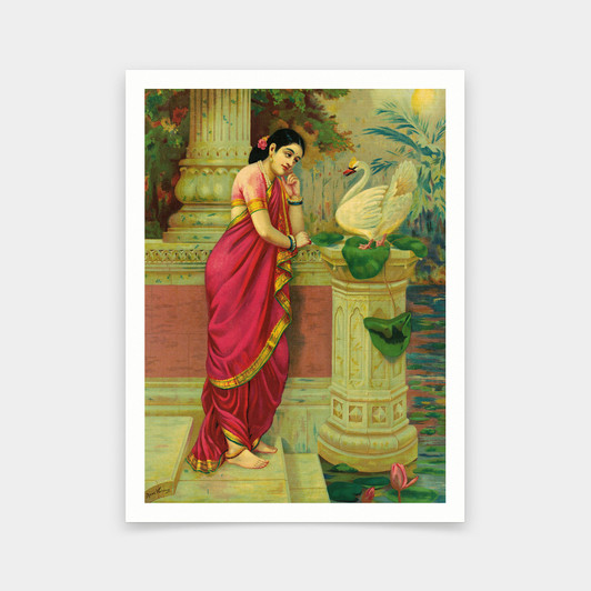 Raja Ravi Varma,A Swan Telling Damayanti Of Nalas Love,art prints,Vintage art,canvas wall art,famous art prints,V6663