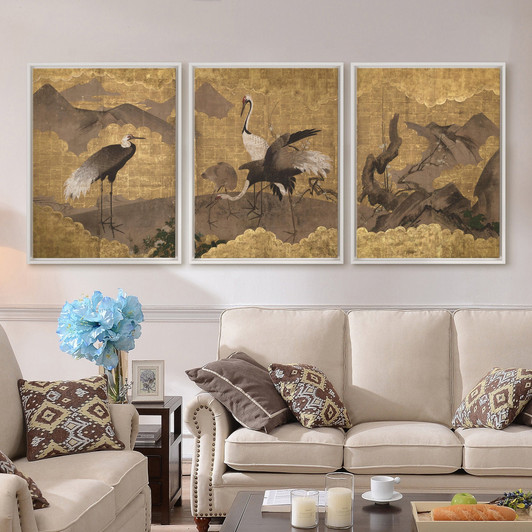 Kano School,Folding Screen with Design of Cranes and Old Plum Tree,Triptych canvas,framed canvas,3 panel wall art,large wall art,framed,s22