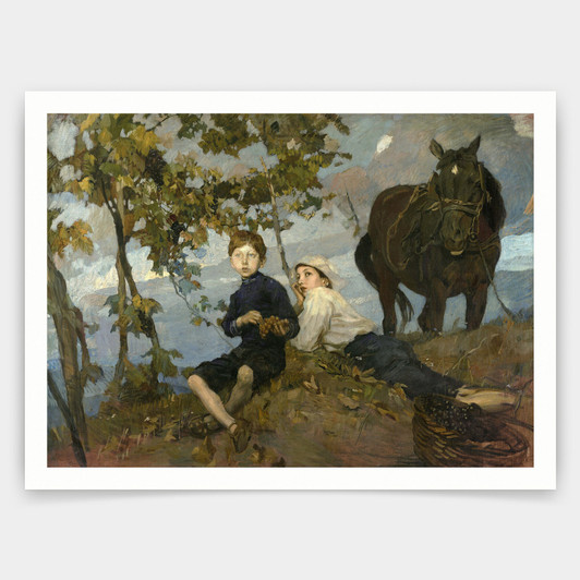 Ettore Tito,Autumn,Boys and girls under the grapevine,art prints,Vintage art,canvas wall art,famous art prints,V3659