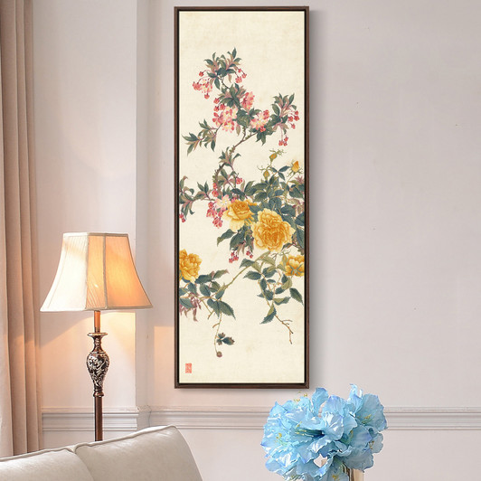 Tang Shishi,Yellow rose and Malus spectabilis,Chinese Flower Paintings,Vertical Narrow Art,large wall,framed wall art,canvas wall art,M768