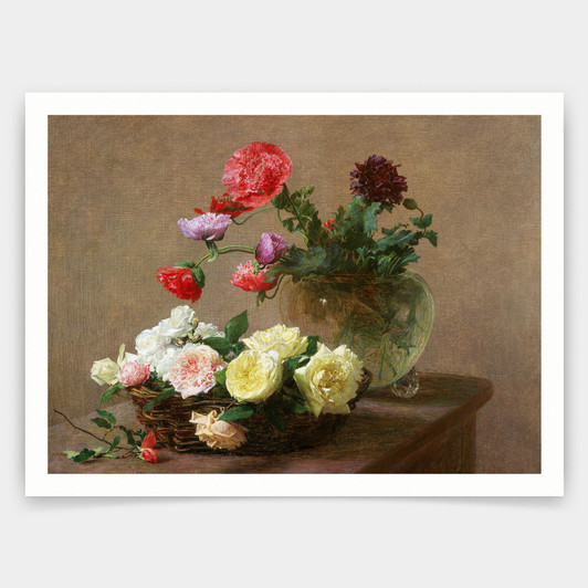 Ignace Henri Jean Fantin-Latour,Poppies in a Crystal Vase or Basket of Roses,art prints,Vintage art,canvas wall art,famous art prints,V4166