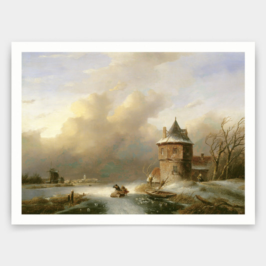 Jan Jacob Spohler,A Couple Crossing the Ice in Windy Weather ,art prints,Vintage art,canvas wall art,famous art prints,V4253