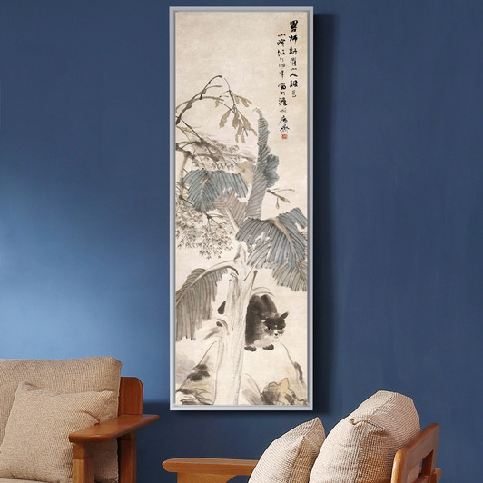 Ren Bonian,Cat under banana tree,Chinese Wall Art,Vertical Narrow Art,large wall art,framed wall art,canvas wall art,M716