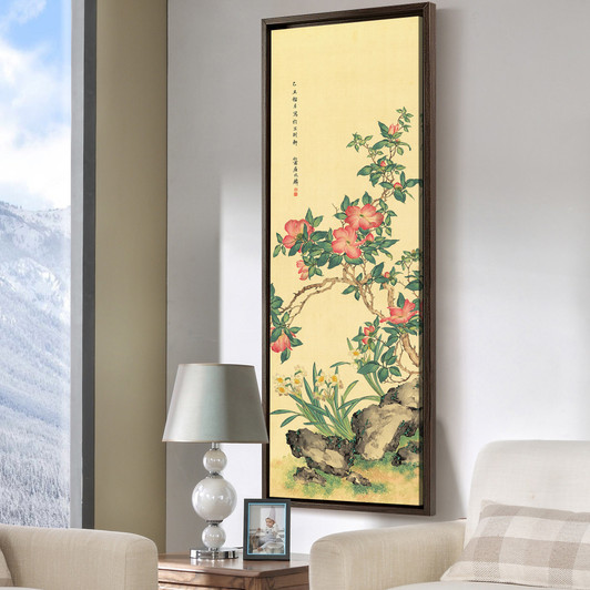 Qu Zhaolin,Camellia and orchid,Chinese Flower Painting,Vertical Narrow Art,large wall art,framed wall art,canvas wall art,M703