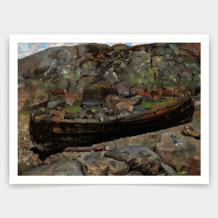 Akseli Gallen-Kallela,Boat on a Rocky Shore Near the Old Church in Tyrvaa,art prints,Vintage art,canvas wall art,famous art prints,V2985