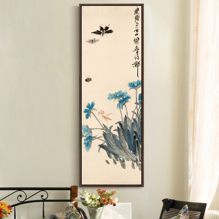 Qi Huang,Blue flowers and butterflies,Chinese Flower Paintings,Vertical Narrow Art,large wall art,framed wall art,canvas wall art,M692