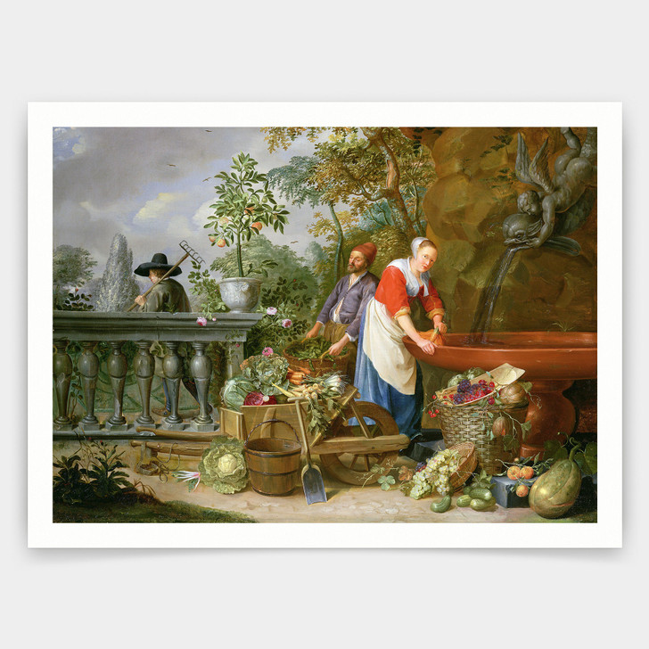 Nicolaas or Nicolaes Muys,A Maid Washing Carrots At A Fountain,art prints,Vintage art,canvas wall art,famous art prints,V4667