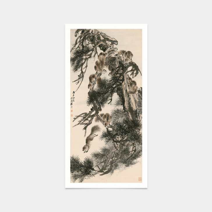 Cheng Zhang,A squirrel on a pine tree,Chinese Flower Print,japanese print,art prints,Vintage,famous art prints,vertical narrow prints,V7330