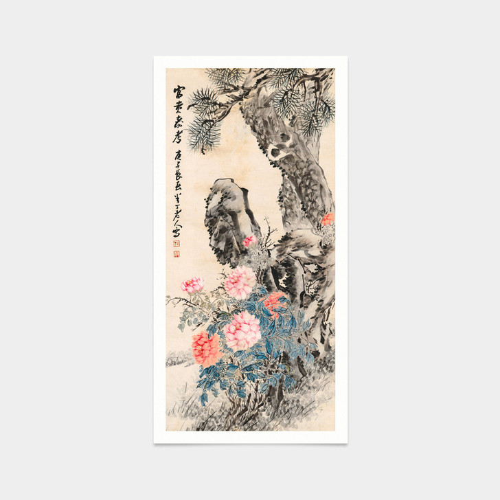 Chen banding,peonies and pine trees,Chinese Floral Art,japanese print,art prints,Vintage art,famous art prints,vertical narrow prints,V7321
