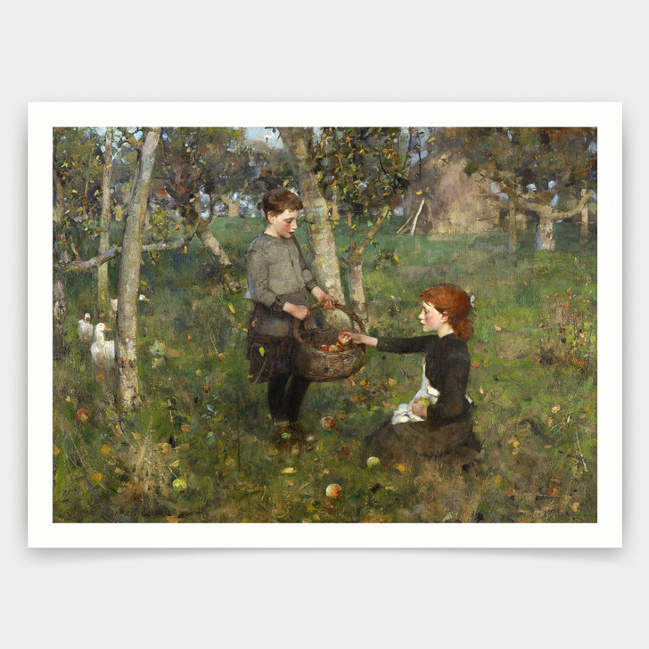 Sir James Guthrie,In the Orchard,Sister and brother picking apples,art prints,Vintage art,canvas wall art,famous art prints,V4991