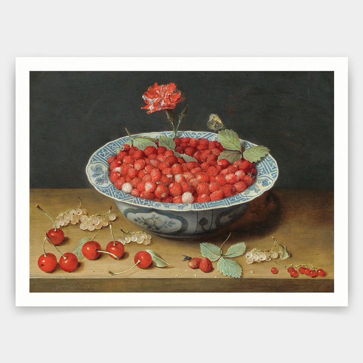 Jacob van Hulsdonck,Wild Strawberries and a Carnation in a Wan,Li Bowl,art prints,Vintage art,canvas wall art,famous art prints,q1124