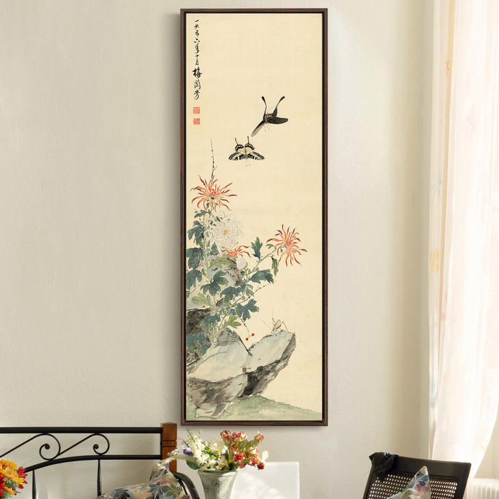 Mei Lanfang,Chrysanthemums and butterflies,Chinese Floral Art,Vertical Narrow Art,large wall art,framed wall art,canvas wall art,M561