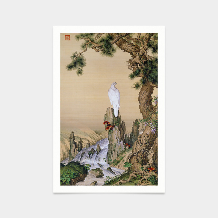 Lang shining,A white eagle under a pine tree,Chinese Flower and Bird,art prints,Vintage art,canvas wall art,famous art prints, V2730