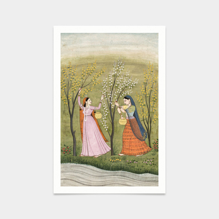 Indian Paintings,Vasanta Ragini,Two women under a tree with flowers,art prints,Vintage art,canvas wall art,famous art prints,V2597